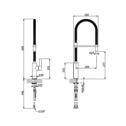 Hafele Table Mounted Semi-Professional Kitchen Sink Mixer FLAMBE-ROUND with Extractable Hand Shower Spout in Chrome Finish