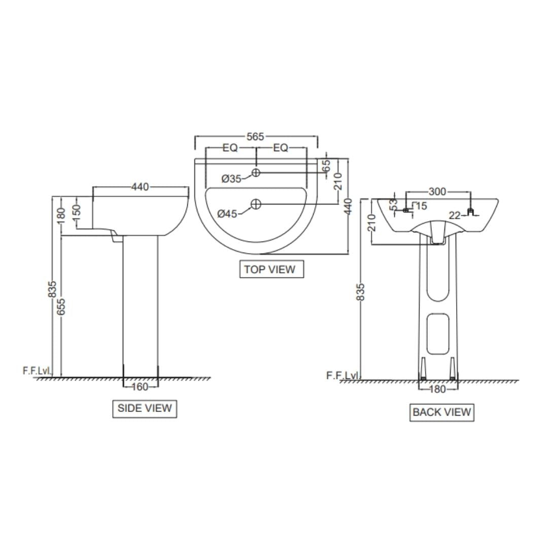 Jaquar - Full Pedestal Semi Circle White Wash Basin - Florentine - FLS ...
