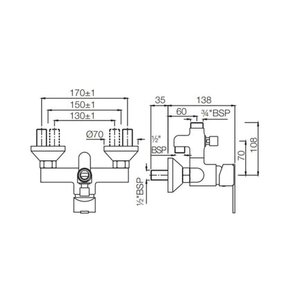 Jaquar 2 Way Wall Mixer Fonte FON-CHR-40145 Normal Flow - Chrome Finish