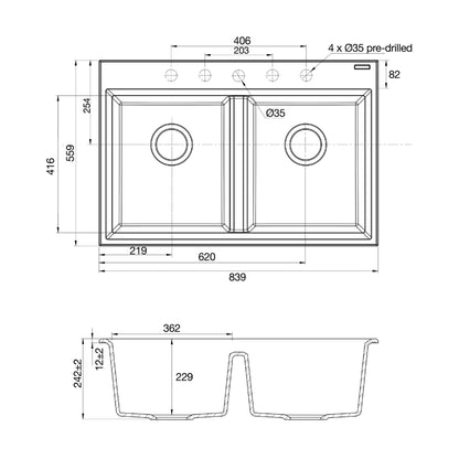 Hafele Quartz Sink Lithos Quartz Range GEMINI DOUBLE BOWL ( 33 x 22 inches )  -  Obsidian