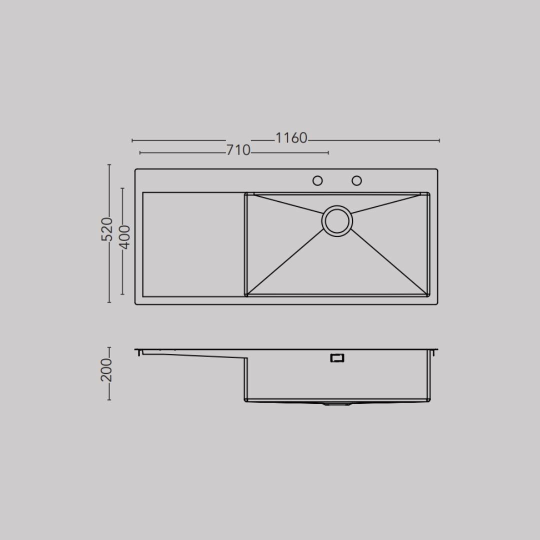 Carysil Stainless Steel Sink German Design GERMAN DESIGN SINGLE BOWL WITH DRAINER LH 46 X 20 X 8 ( 46 x 20 inches ) - Matt
