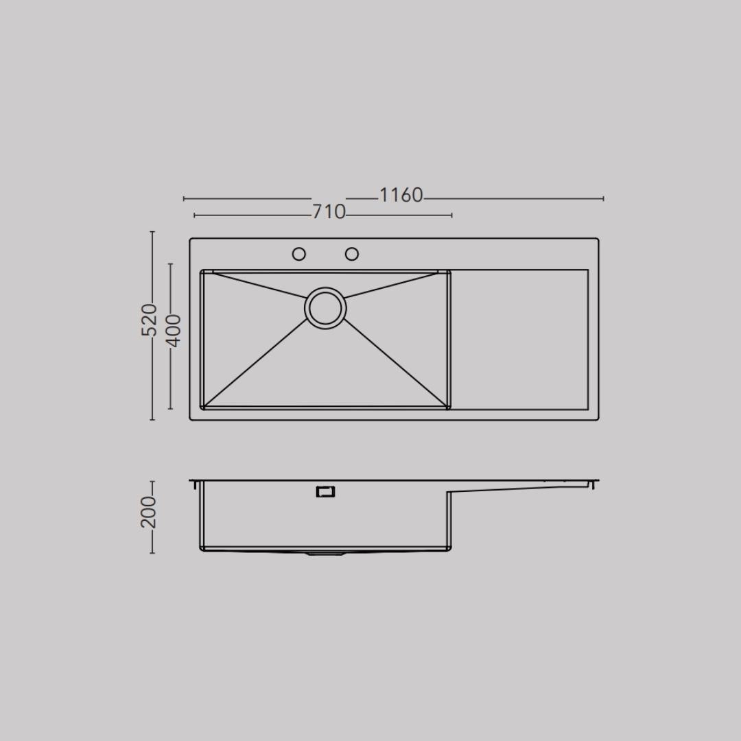 Carysil Stainless Steel Sink German Design GERMAN DESIGN SINGLE BOWL WITH DRAINER RH 46 X 20 X 8 ( 46 x 20 inches ) - Matt
