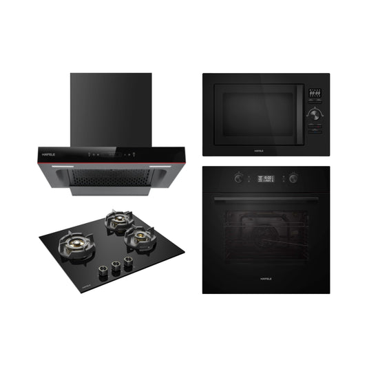 Hafele Built In Oven AURORA 80 + Hafele Built-In Microwave AURORA 25 + Hafele 60 cm Wall Mounted Chimney Essentia Series RENATA T-60 HOOD + Hafele 60 cm 3 Burner Hob Essentia Series AUGUSTA 360