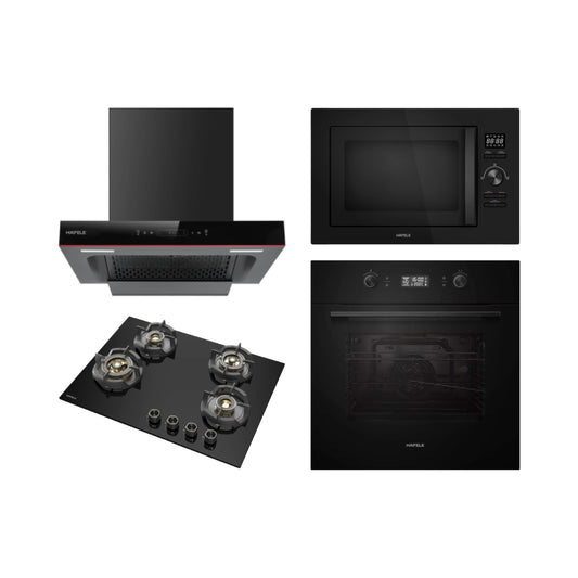 Hafele Built In Oven AURORA 80 + Hafele Built-In Microwave AURORA 25 + Hafele 60 cm Wall Mounted Chimney Essentia Series RENATA T-60 HOOD + Hafele 70 cm 4 Burner Hob Essentia Series AUGUSTA 470