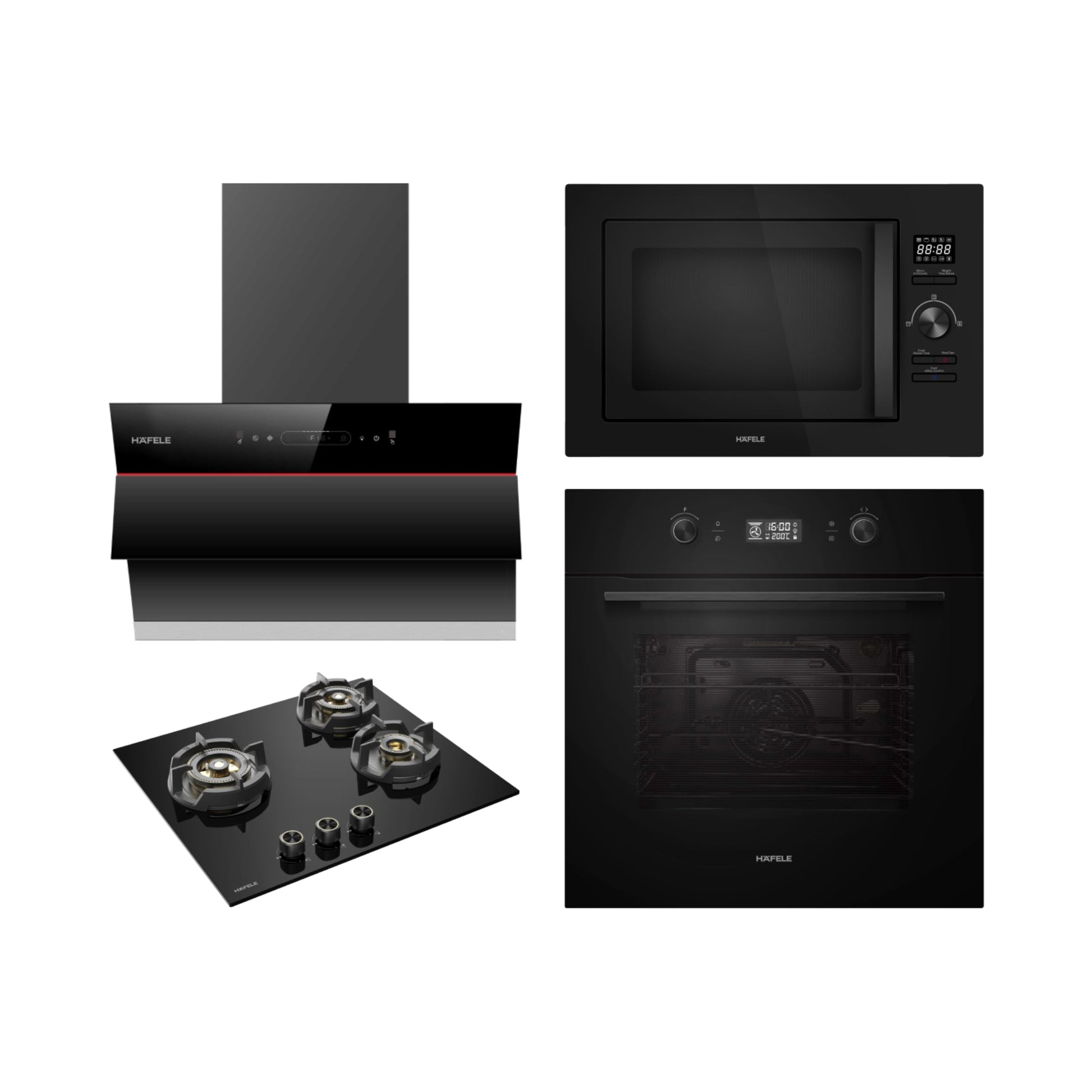 Hafele Built In Oven AURORA 80 + Hafele Built-In Microwave AURORA 25 + Hafele 60 cm Wall Mounted Chimney Essentia Series RENATA INCLINED 60 + Hafele 60 cm 3 Burner Hob Essentia Series AUGUSTA 360