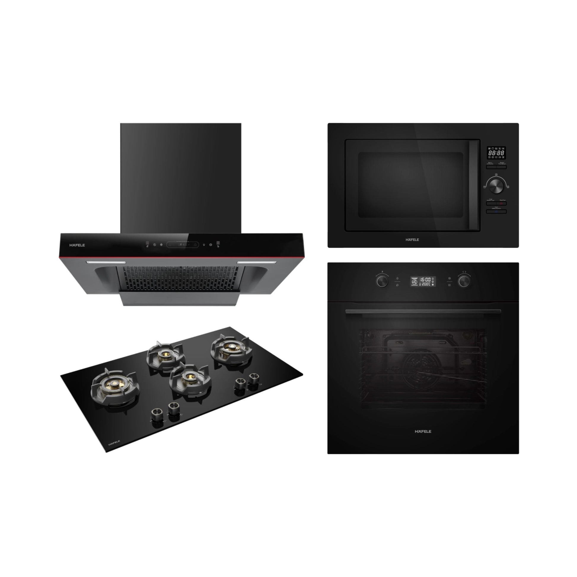 Hafele Built In Oven AURORA 80 + Hafele Built-In Microwave AURORA 25 + Hafele 90 cm Wall Mounted Chimney Essentia Series RENATA T-90 HOOD + Hafele 90 cm 4 Burner Hob Essentia Series AUGUSTA 490