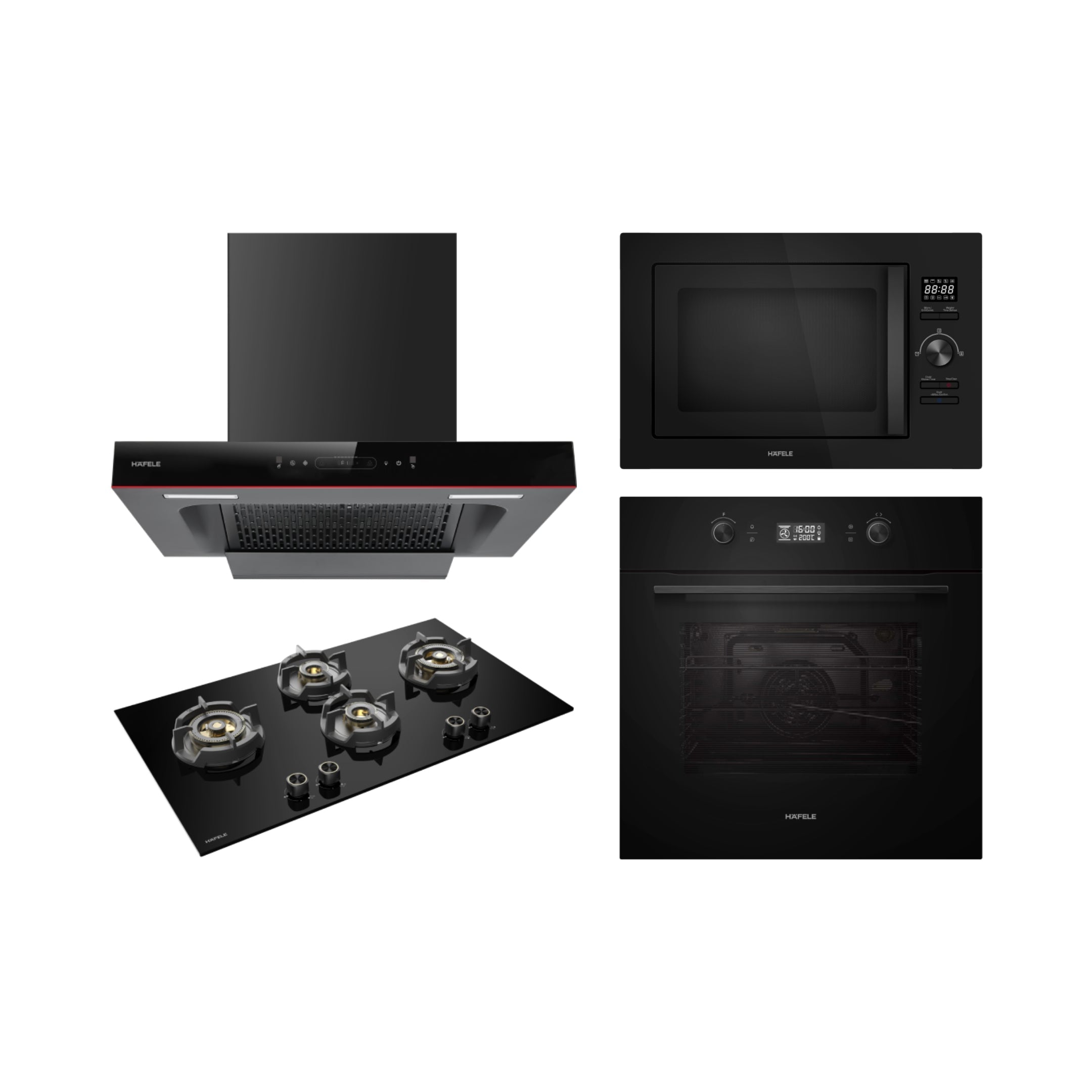 Hafele Built In Oven AURORA 80 + Hafele Built-In Microwave AURORA 25 + Hafele 90 cm Wall Mounted Chimney Essentia Series RENATA T-90 HOOD + Hafele 90 cm 4 Burner Hob Essentia Series AUGUSTA 490