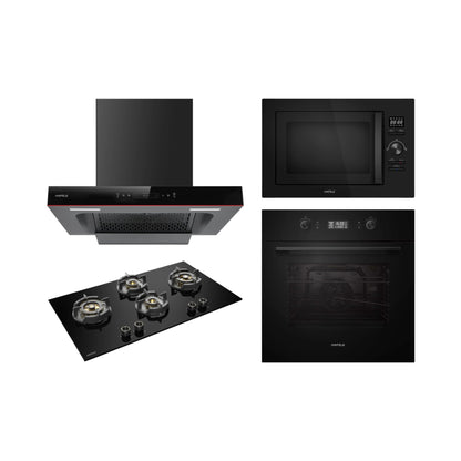 Hafele Built In Oven AURORA 80 + Hafele Built-In Microwave AURORA 25 + Hafele 90 cm Wall Mounted Chimney Essentia Series RENATA T-90 HOOD + Hafele 90 cm 4 Burner Hob Essentia Series AUGUSTA 490