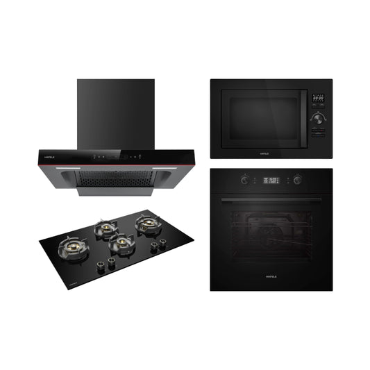 Hafele Built In Oven AURORA 80 + Hafele Built-In Microwave AURORA 25 + Hafele 90 cm Wall Mounted Chimney Essentia Series RENATA T-90 HOOD + Hafele 90 cm 4 Burner Hob Essentia Series AUGUSTA 490