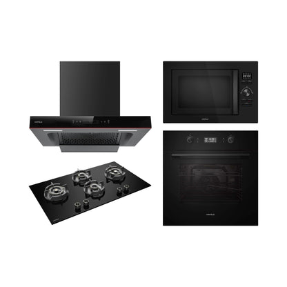 Hafele Built In Oven AURORA 80 + Hafele Built-In Microwave AURORA 25 + Hafele 90 cm Wall Mounted Chimney Essentia Series RENATA T-90 HOOD + Hafele 90 cm 4 Burner Hob Essentia Series VERENA 490