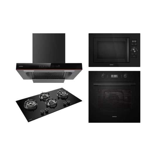 Hafele Built In Oven AURORA 80 + Hafele Built-In Microwave AURORA 25 + Hafele 90 cm Wall Mounted Chimney Essentia Series RENATA T-90 HOOD + Hafele 90 cm 4 Burner Hob Essentia Series VERENA 490