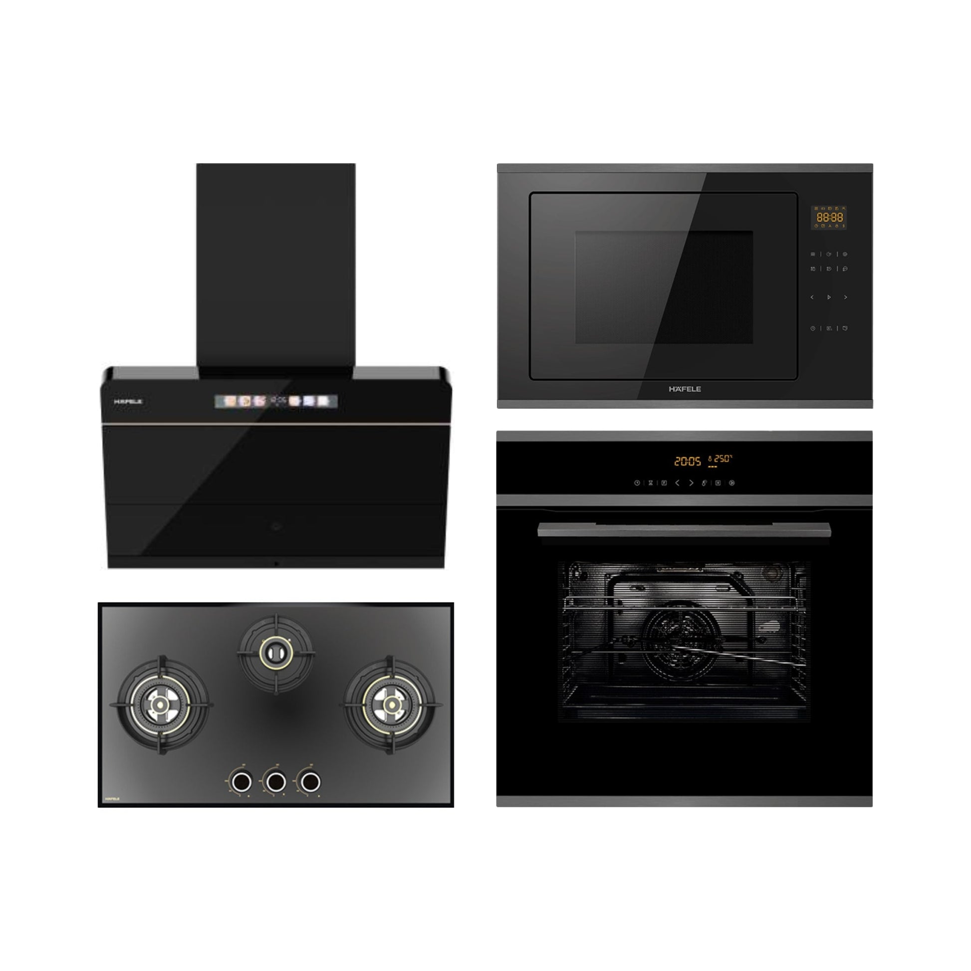 Hafele Built In Oven J70 BIO PLUS + Hafele Built-In Convection Microwave J34 MWO PLUS + Hafele 75 cm Wall Mounted Chimney TERESA NEO I-75 BLDC + Hafele 78 cm 3 Burner Hob Altius Series ALTIUS FS 378