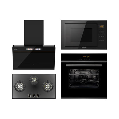 Hafele Built In Oven J70 BIO PLUS + Hafele Built-In Convection Microwave J34 MWO PLUS + Hafele 75 cm Wall Mounted Chimney TERESA NEO I-75 BLDC + Hafele 78 cm 3 Burner Hob Altius Series ALTIUS FS 378