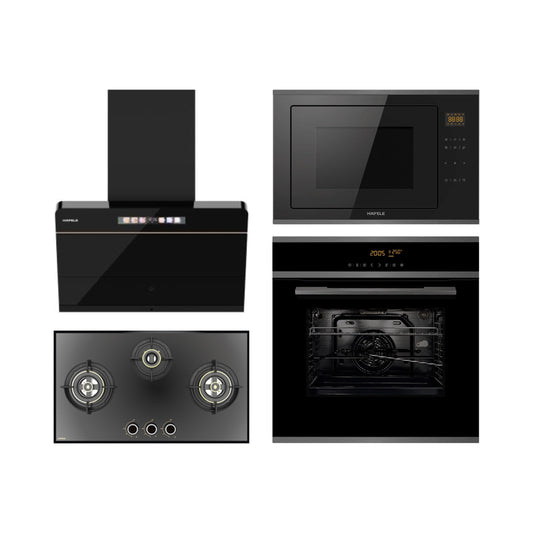 Hafele Built In Oven J70 BIO PLUS + Hafele Built-In Convection Microwave J34 MWO PLUS + Hafele 75 cm Wall Mounted Chimney TERESA NEO I-75 BLDC + Hafele 78 cm 3 Burner Hob Altius Series ALTIUS FS 378