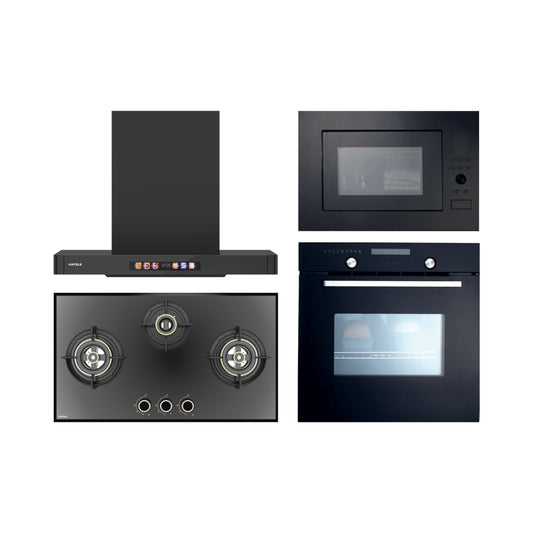Hafele Built In Oven CELIA 70 + Hafele Built-In Microwave AIDA 28 + Hafele 75 cm Wall Mounted Chimney TERESA T-75 BLDC + Hafele 78 cm 3 Burner Hob Altius Series ALTIUS FS 378