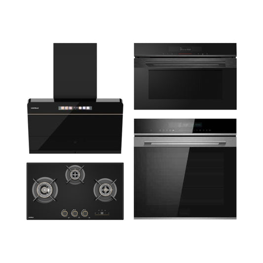 Hafele Built In Oven DIAMOND 77 BIO + Hafele Built-In Convection Microwave DIAMOND 34 MWO + Hafele 75 cm Wall Mounted Chimney TERESA NEO I-75 BLDC + Hafele 75 cm 3 Burner Hob Cronus Series CRONUS 378
