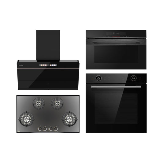 Hafele Built In Oven ORB 72 BIO + Hafele Built-In Convection Microwave DIAMOND 34 MWO + Hafele 90 cm Wall Mounted Chimney TERESA NEO I-90 BLDC + Hafele 86 cm 4 Burner Hob Altius Series ALTIUS FS 490