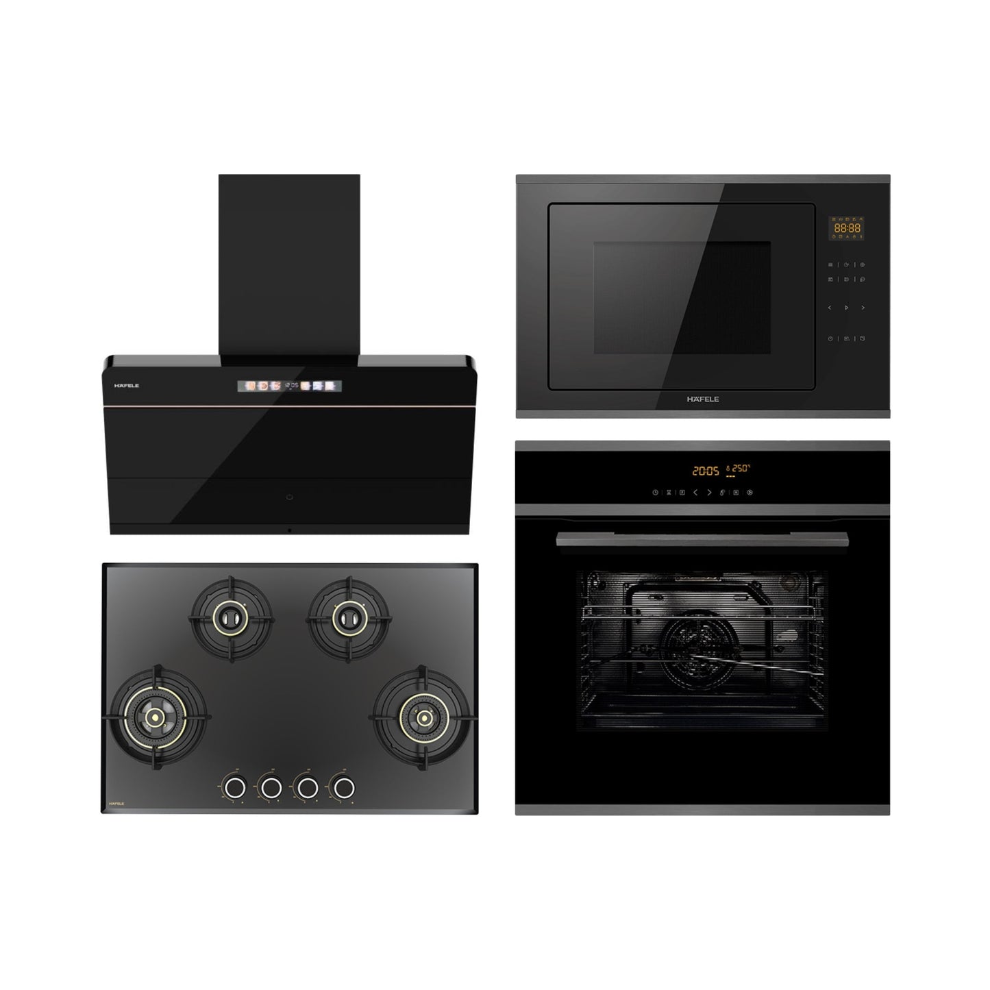 Hafele Built In Oven J70 BIO PLUS + Hafele Built-In Convection Microwave J34 MWO PLUS + Hafele 90 cm Wall Mounted Chimney TERESA NEO I-90 BLDC + Hafele 78 cm 4 Burner Hob Altius Series ALTIUS FS 480