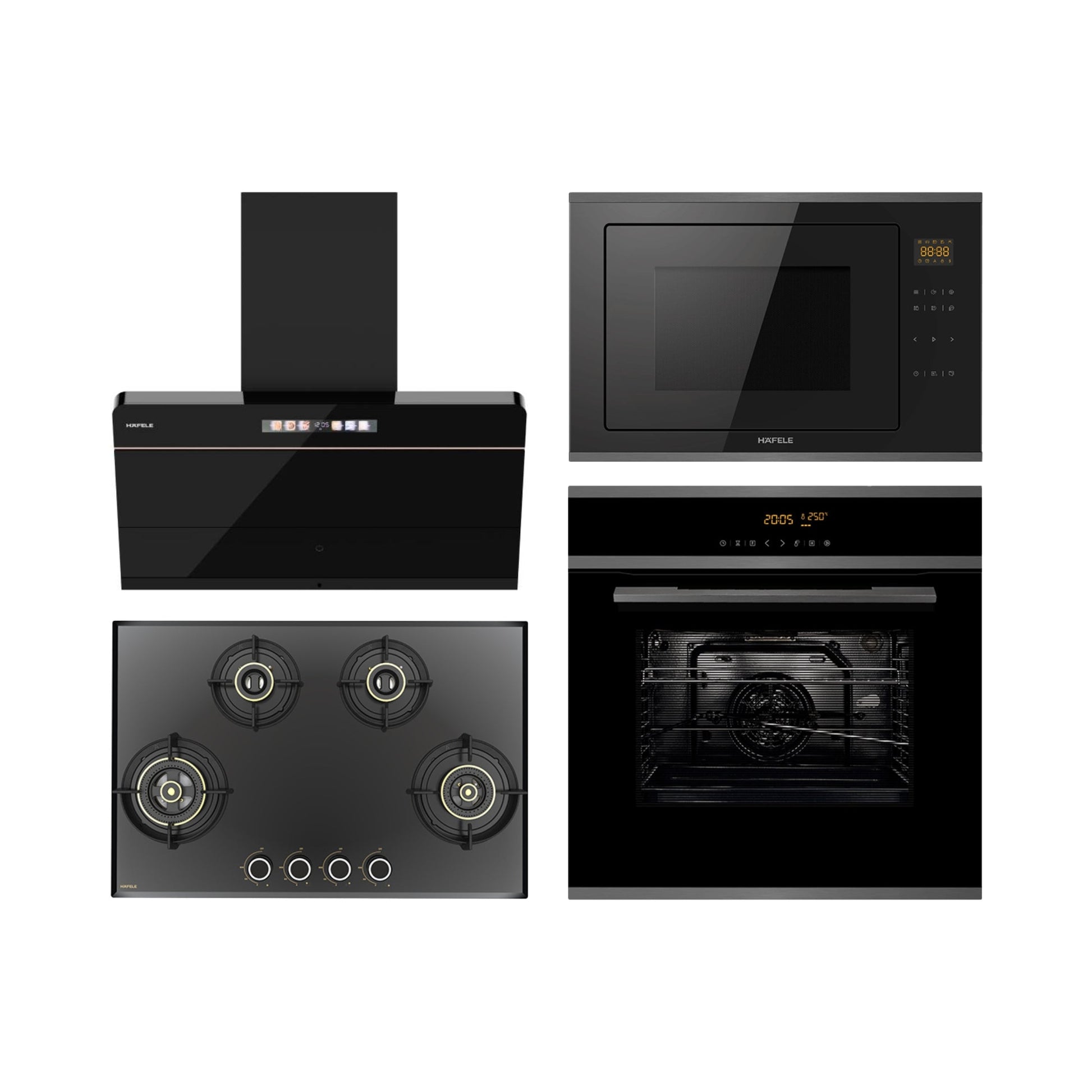 Hafele Built In Oven J70 BIO PLUS + Hafele Built-In Convection Microwave J34 MWO PLUS + Hafele 90 cm Wall Mounted Chimney TERESA NEO I-90 BLDC + Hafele 78 cm 4 Burner Hob Altius Series ALTIUS FS 480