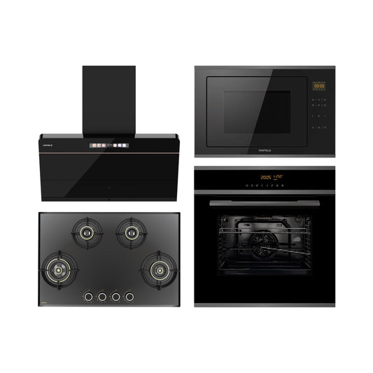 Hafele Built In Oven J70 BIO PLUS + Hafele Built-In Convection Microwave J34 MWO PLUS + Hafele 90 cm Wall Mounted Chimney TERESA NEO I-90 BLDC + Hafele 78 cm 4 Burner Hob Altius Series ALTIUS FS 480