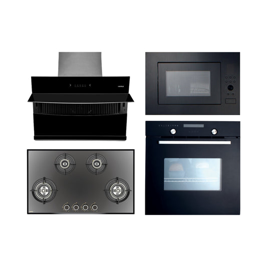 Hafele Built In Oven CELIA 70 + Hafele Built-In Microwave AIDA 28 + Hafele 90 cm Wall Mounted Chimney RHINE 90 + Hafele 86 cm 4 Burner Hob Altius Series ALTIUS FS 490