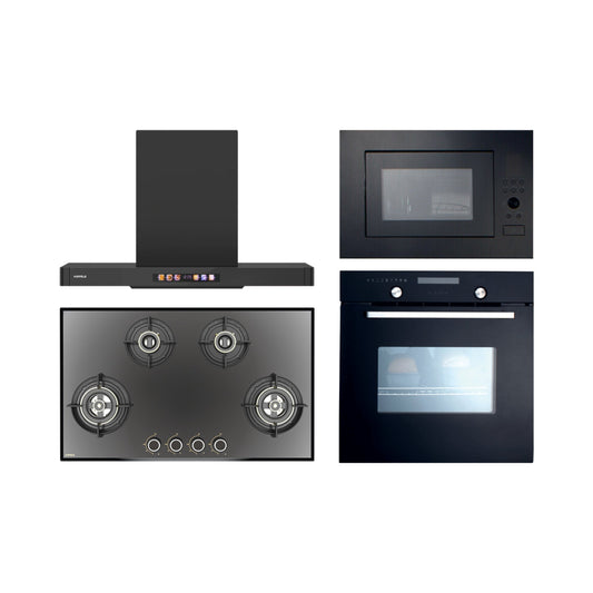 Hafele Built In Oven CELIA 70 + Hafele Built-In Microwave AIDA 28 + Hafele 90 cm Wall Mounted Chimney TERESA T-90 BLDC + Hafele 86 cm 4 Burner Hob Altius Series ALTIUS FS 490