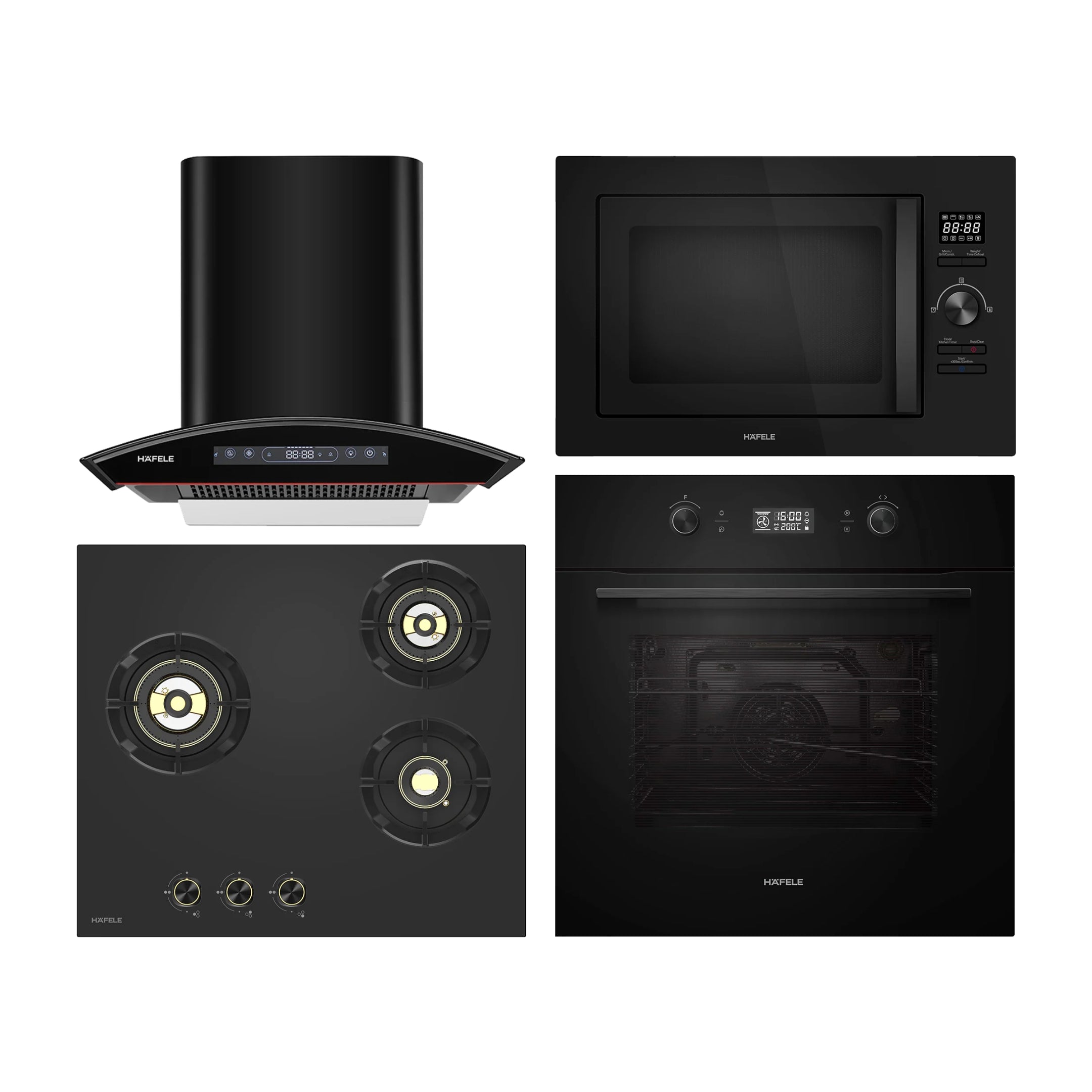 Hafele Built In Oven AURORA 80 + Hafele Built-In Microwave AURORA 25 + Hafele 60 cm Wall Mounted Chimney Essentia Series RENATA CURVED 60 + Hafele 60 cm 3 Burner Hob Essentia Series AUGUSTA 360