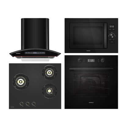 Hafele Built In Oven AURORA 80 + Hafele Built-In Microwave AURORA 25 + Hafele 60 cm Wall Mounted Chimney Essentia Series RENATA CURVED 60 + Hafele 60 cm 3 Burner Hob Essentia Series AUGUSTA 360