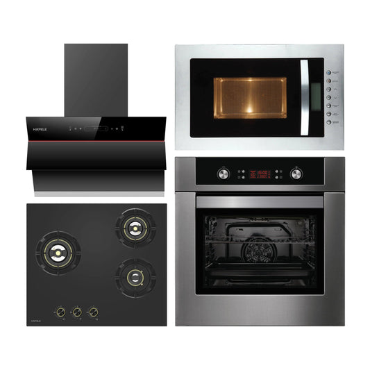 Hafele Built In Oven RIBB 70 + Hafele Built-In Microwave MARIA 28 + Hafele 60 cm Wall Mounted Chimney Essentia Series RENATA INCLINED 60 + Hafele 60 cm 3 Burner Hob Essentia Series VERENA 360