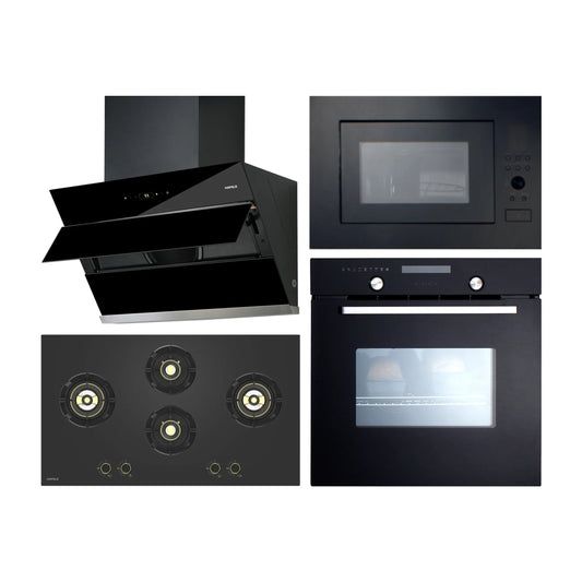 Hafele Built In Oven CELIA 70 + Hafele Built-In Microwave AIDA 28 + Hafele 90 cm Wall Mounted Chimney AELLA 90 + Hafele 90 cm 4 Burner Hob Essentia Series AUGUSTA 490