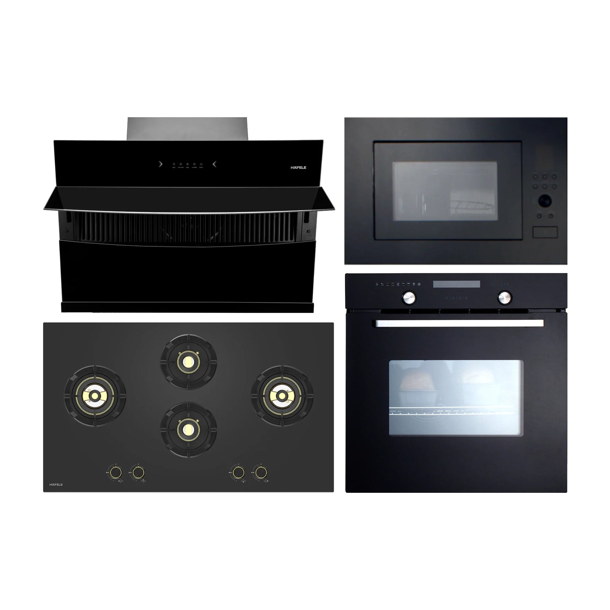 Hafele Built In Oven CELIA 70 + Hafele Built-In Microwave AIDA 28 + Hafele 90 cm Wall Mounted Chimney RHINE 90 + Hafele 90 cm 4 Burner Hob Essentia Series AUGUSTA 490
