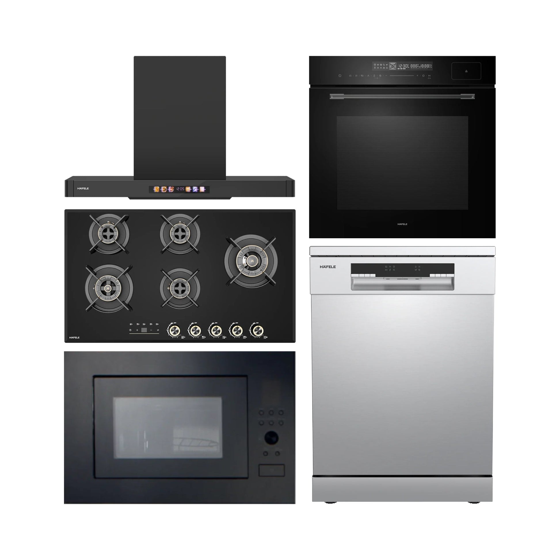 Hafele Built In Oven with Full Steam MIDORA FULL STEAM OVEN + Hafele Built-In Microwave ENZO 28 + Hafele 90 cm Wall Mounted Chimney TERESA T-90 BLDC + Hafele 90 cm 5 Burner Hob Cronus Series CRONUS 590 + Hafele Free Standing Dishwasher AQUA CHROME 13 FS with 13 Place Settings
