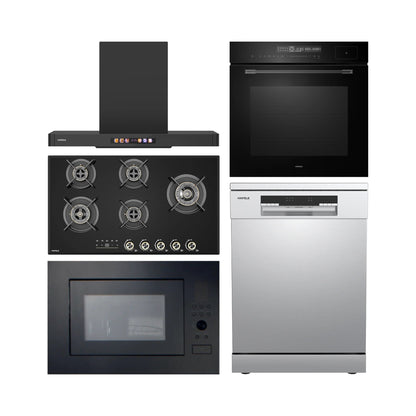 Hafele Built In Oven with Full Steam MIDORA FULL STEAM OVEN + Hafele Built-In Microwave ENZO 28 + Hafele 90 cm Wall Mounted Chimney TERESA T-90 BLDC + Hafele 90 cm 5 Burner Hob Cronus Series CRONUS 590 + Hafele Free Standing Dishwasher AQUA CHROME 13 FS with 13 Place Settings
