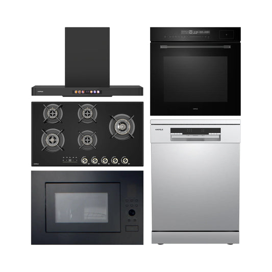 Hafele Built In Oven with Full Steam MIDORA FULL STEAM OVEN + Hafele Built-In Microwave ENZO 28 + Hafele 90 cm Wall Mounted Chimney TERESA T-90 BLDC + Hafele 90 cm 5 Burner Hob Cronus Series CRONUS 590 + Hafele Free Standing Dishwasher AQUA CHROME 13 FS with 13 Place Settings