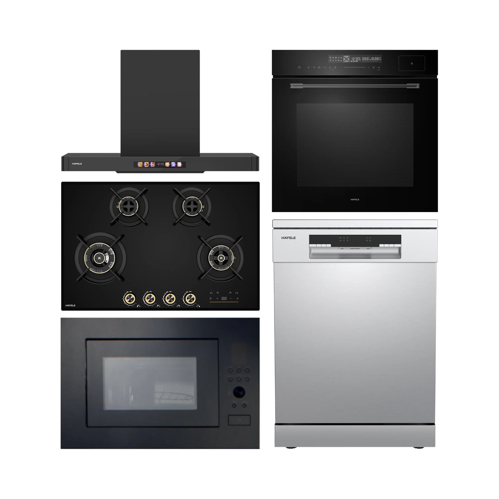 Hafele Built In Oven with Full Steam MIDORA FULL STEAM OVEN + Hafele Built-In Microwave ENZO 28 + Hafele 90 cm Wall Mounted Chimney TERESA T-90 BLDC + Hafele 80 cm 4 Burner Hob Cronus Series CRONUS 480 + Hafele Free Standing Dishwasher AQUA CHROME 13 FS with 13 Place Settings