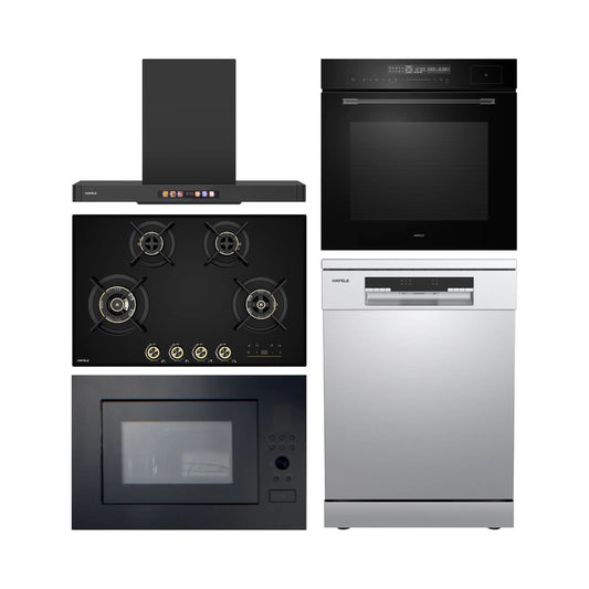 Hafele Built In Oven with Full Steam MIDORA FULL STEAM OVEN + Hafele Built-In Microwave ENZO 28 + Hafele 90 cm Wall Mounted Chimney TERESA T-90 BLDC + Hafele 80 cm 4 Burner Hob Cronus Series CRONUS 480 + Hafele Free Standing Dishwasher AQUA CHROME 13 FS with 13 Place Settings