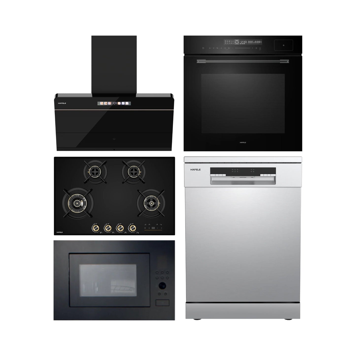 Hafele Built In Oven with Full Steam MIDORA FULL STEAM OVEN + Hafele Built-In Microwave ENZO 28 + Hafele 90 cm Wall Mounted Chimney TERESA NEO I-90 BLDC + Hafele 80 cm 4 Burner Hob Cronus Series CRONUS 480 + Hafele Free Standing Dishwasher AQUA CHROME 13 FS with 13 Place Settings