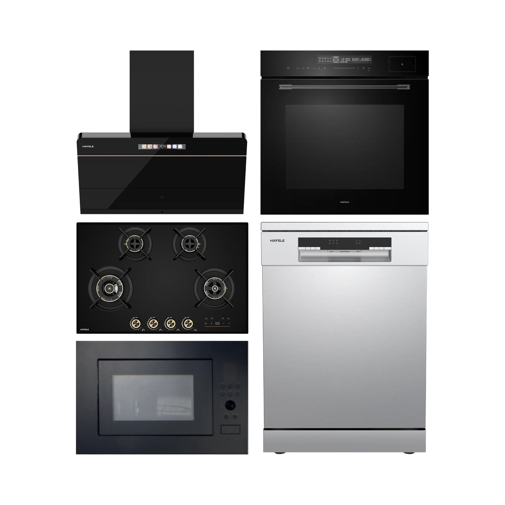 Hafele Built In Oven with Full Steam MIDORA FULL STEAM OVEN + Hafele Built-In Microwave ENZO 28 + Hafele 90 cm Wall Mounted Chimney TERESA NEO I-90 BLDC + Hafele 80 cm 4 Burner Hob Cronus Series CRONUS 480 + Hafele Free Standing Dishwasher AQUA CHROME 13 FS with 13 Place Settings