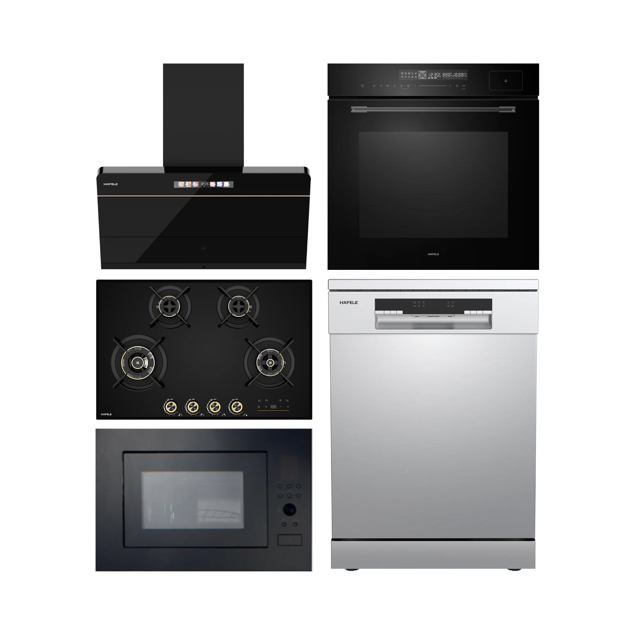 Hafele Built In Oven with Full Steam MIDORA FULL STEAM OVEN + Hafele Built-In Microwave ENZO 28 + Hafele 90 cm Wall Mounted Chimney TERESA NEO I-90 BLDC + Hafele 80 cm 4 Burner Hob Cronus Series CRONUS 480 + Hafele Free Standing Dishwasher AQUA CHROME 13 FS with 13 Place Settings