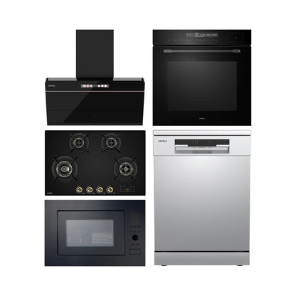 Hafele Built In Oven with Full Steam MIDORA FULL STEAM OVEN + Hafele Built-In Microwave ENZO 28 + Hafele 90 cm Wall Mounted Chimney TERESA NEO I-90 BLDC + Hafele 80 cm 4 Burner Hob Cronus Series CRONUS 480 + Hafele Free Standing Dishwasher AQUA CHROME 13 FS with 13 Place Settings