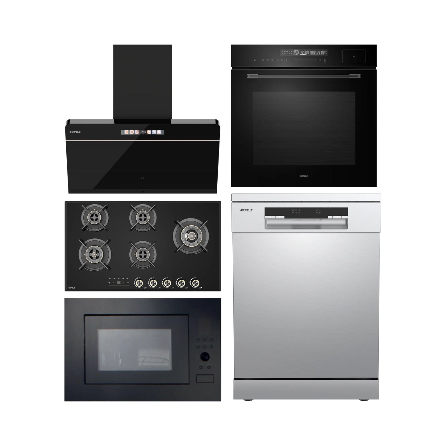 Hafele Built In Oven with Full Steam MIDORA FULL STEAM OVEN + Hafele Built-In Microwave ENZO 28 + Hafele 90 cm Wall Mounted Chimney TERESA NEO I-90 BLDC + Hafele 90 cm 5 Burner Hob Cronus Series CRONUS 590 + Hafele Free Standing Dishwasher AQUA CHROME 13 FS with 13 Place Settings