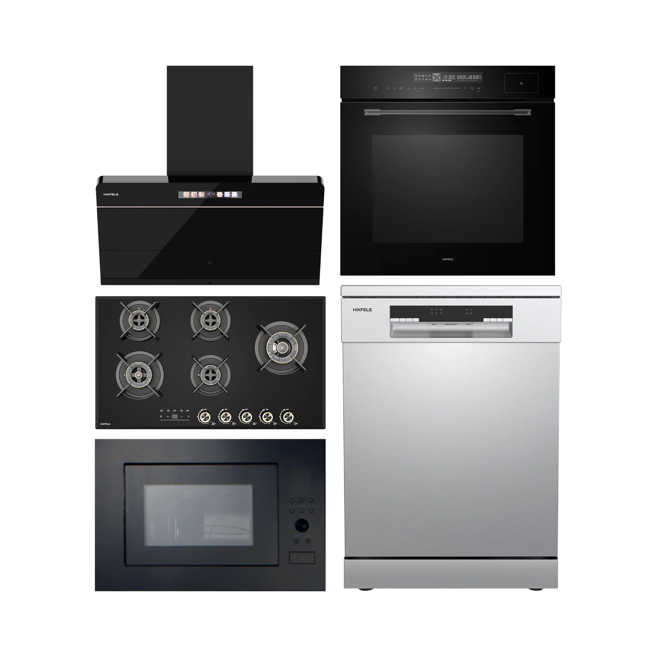 Hafele Built In Oven with Full Steam MIDORA FULL STEAM OVEN + Hafele Built-In Microwave ENZO 28 + Hafele 90 cm Wall Mounted Chimney TERESA NEO I-90 BLDC + Hafele 90 cm 5 Burner Hob Cronus Series CRONUS 590 + Hafele Free Standing Dishwasher AQUA CHROME 13 FS with 13 Place Settings