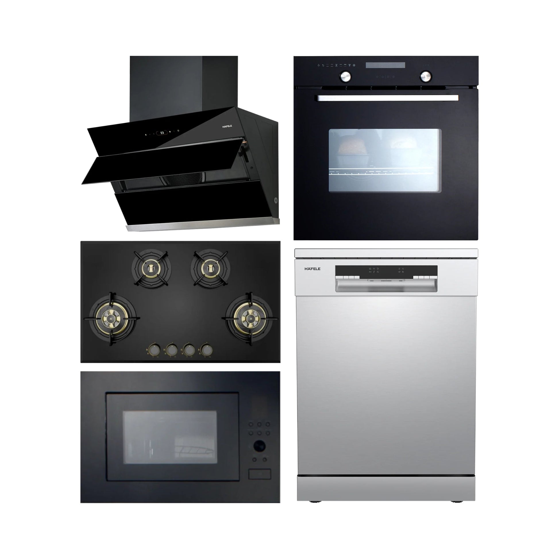 Hafele Built In Oven CELIA 70 + Hafele Built-In Microwave AIDA 28 + Hafele 90 cm Wall Mounted Chimney AELLA 90 + Hafele 86 cm 4 Burner Hob Altius Plus Series ALTIUS PLUS 490 + Hafele Free Standing Dishwasher AQUA CHROME 13 FS with 13 Place Settings