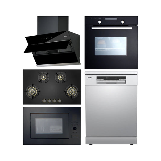 Hafele Built In Oven CELIA 70 + Hafele Built-In Microwave AIDA 28 + Hafele 90 cm Wall Mounted Chimney AELLA 90 + Hafele 86 cm 4 Burner Hob Altius Plus Series ALTIUS PLUS 490 + Hafele Free Standing Dishwasher AQUA CHROME 13 FS with 13 Place Settings