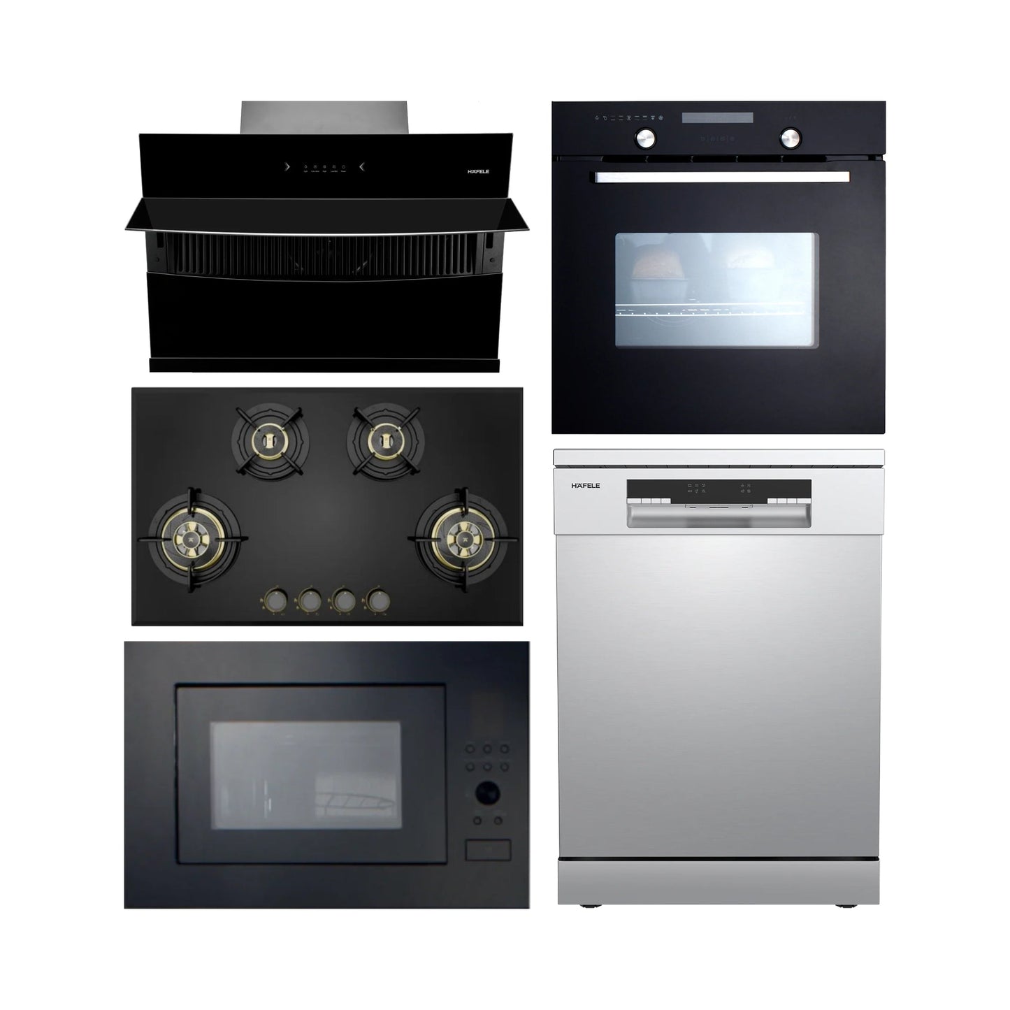 Hafele Built In Oven CELIA 70 + Hafele Built-In Microwave AIDA 28 + Hafele 90 cm Wall Mounted Chimney RHINE 90 + Hafele 86 cm 4 Burner Hob Altius Plus Series ALTIUS PLUS 490 + Hafele Free Standing Dishwasher AQUA CHROME 13 FS with 13 Place Settings