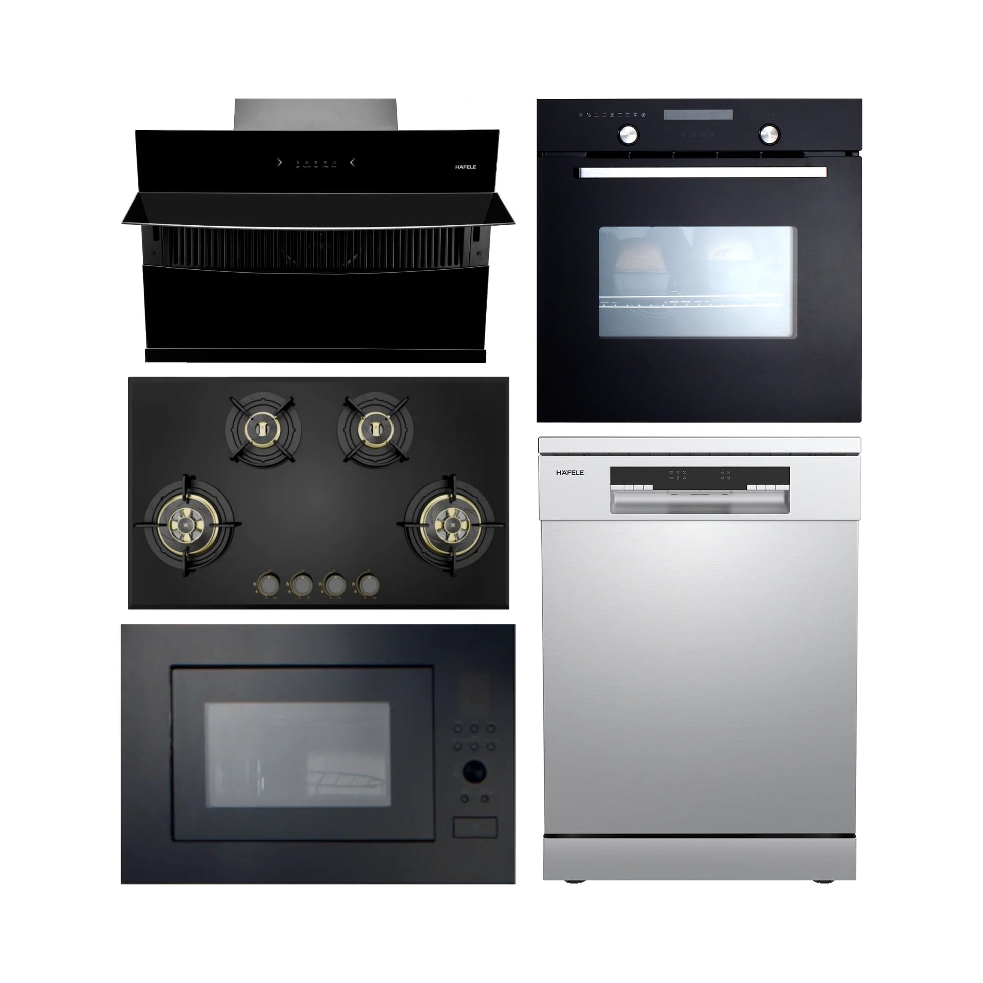 Hafele Built In Oven CELIA 70 + Hafele Built-In Microwave AIDA 28 + Hafele 90 cm Wall Mounted Chimney RHINE 90 + Hafele 86 cm 4 Burner Hob Altius Plus Series ALTIUS PLUS 490 + Hafele Free Standing Dishwasher AQUA CHROME 13 FS with 13 Place Settings