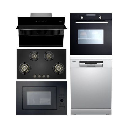 Hafele Built In Oven CELIA 70 + Hafele Built-In Microwave AIDA 28 + Hafele 90 cm Wall Mounted Chimney RHINE 90 + Hafele 86 cm 4 Burner Hob Altius Plus Series ALTIUS PLUS 490 + Hafele Free Standing Dishwasher AQUA CHROME 13 FS with 13 Place Settings