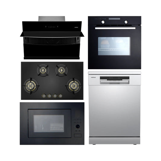 Hafele Built In Oven CELIA 70 + Hafele Built-In Microwave AIDA 28 + Hafele 90 cm Wall Mounted Chimney RHINE 90 + Hafele 86 cm 4 Burner Hob Altius Plus Series ALTIUS PLUS 490 + Hafele Free Standing Dishwasher AQUA CHROME 13 FS with 13 Place Settings