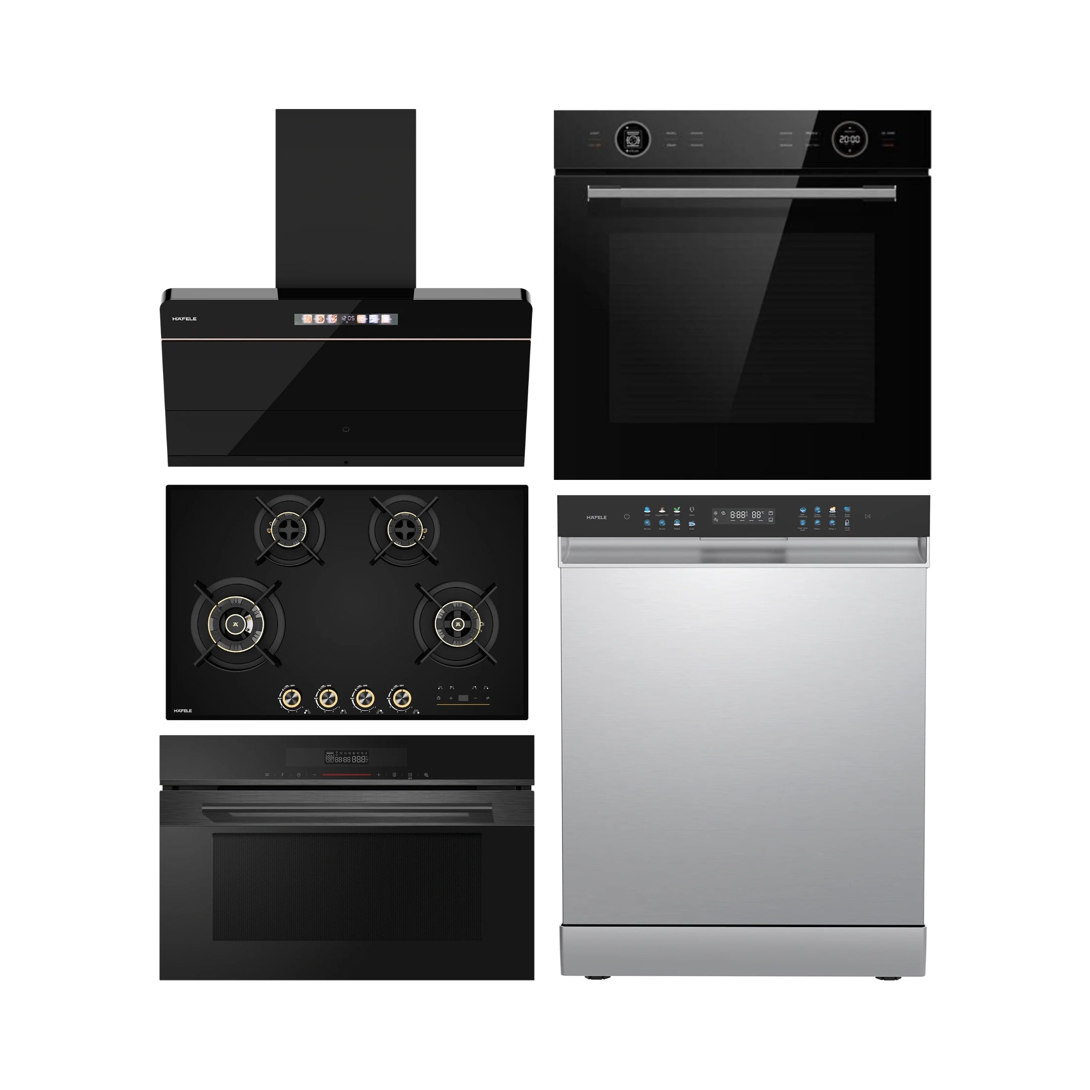 Hafele Built In Oven ORB 72 BIO + Hafele Built-In Convection Microwave DIAMOND 34 MWO + Hafele 90 cm Wall Mounted Chimney TERESA NEO I-90 BLDC + Hafele 80 cm 4 Burner Hob Cronus Series CRONUS 480 + Hafele Semi Built in Dishwasher VALERIYA SI with 15 Place Settings