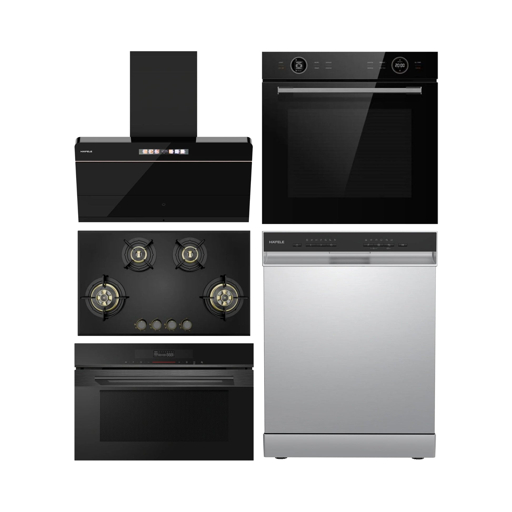 Hafele Built In Oven ORB 72 BIO + Hafele Built-In Convection Microwave DIAMOND 34 MWO + Hafele 90 cm Wall Mounted Chimney TERESA NEO I-90 BLDC + Hafele 86 cm 4 Burner Hob Altius Plus Series ALTIUS PLUS 490 + Hafele Semi Built in Dishwasher ACERO 15PS SI with 15 Place Settings